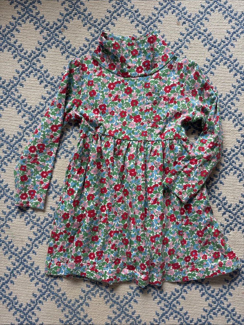 Mini Boden Floral Turtleneck Dress in Red, Green, Blue